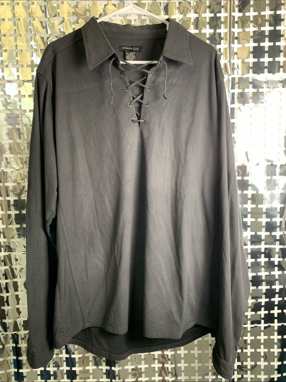 Kenneth Cole Black Lace-Up Polo Long Sleeve Shirt